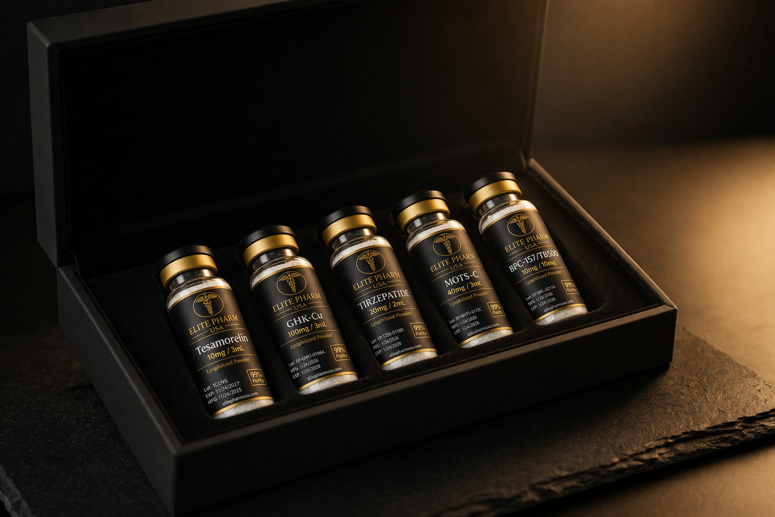 Elite Pharm USA luxury peptide vial collection in black presentation box
