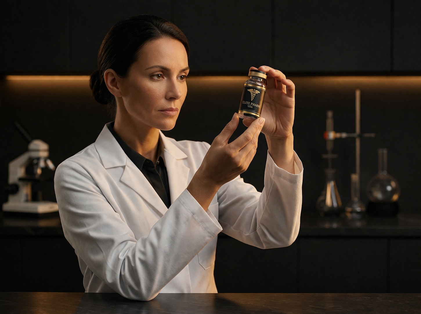 Elite Pharm USA researcher examining peptide vial in laboratory