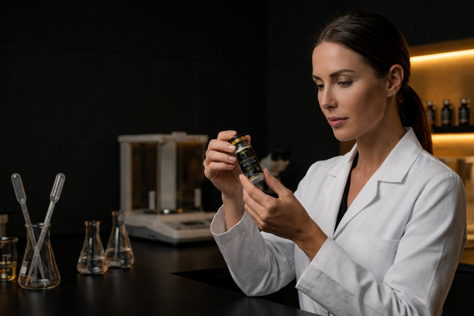Elite Pharm USA researcher examining peptide vial in laboratory